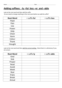 Adding suffixes:  -ly –ful- less –er  and –able